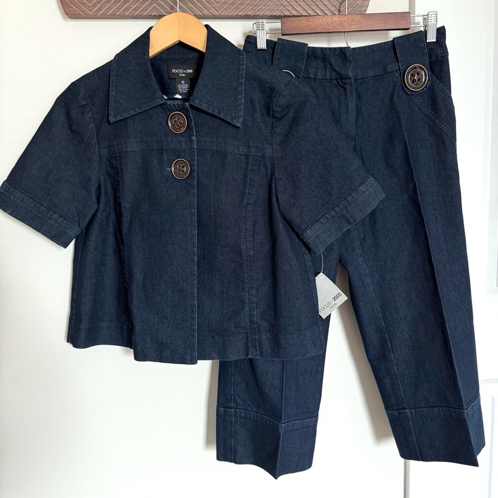 NWT Focus 2000 Dark Wash Denim Jacket Wide Leg  Capri Pants Set Vtg Y2K 4 Petite